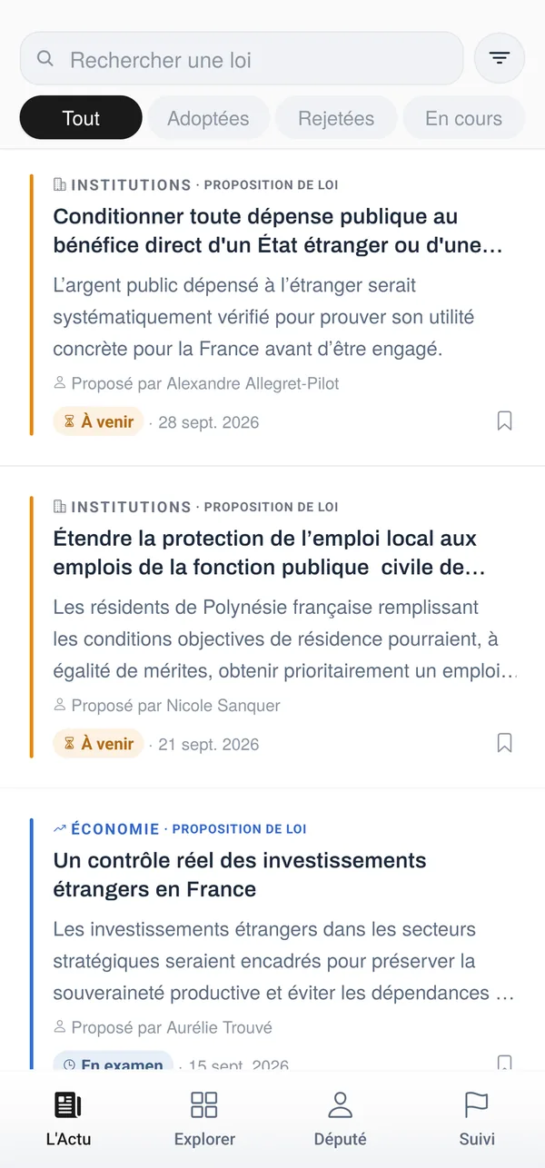 L'onglet L'Actu : recherche, filtres Adoptées, Rejetées et En cours, puis la liste des textes.
